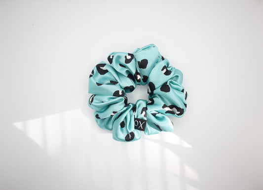 Ari Oversized Scrunchie • Turquoise Leopard Print Satin ♡🐆