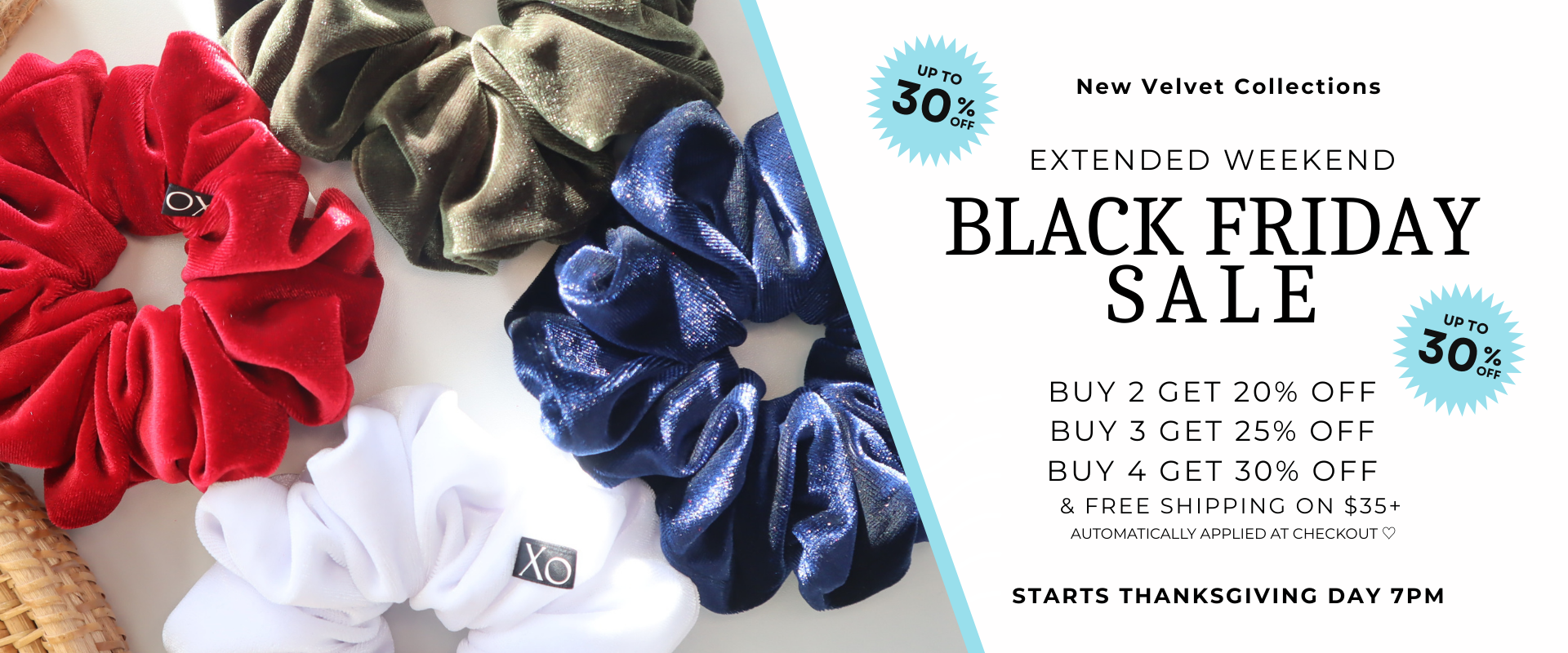 Velvet scrunchies in red, green, blue, and white with Black Friday sale text.