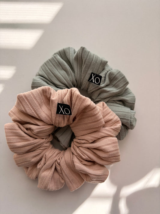 Willow • Oversized or Mini Sage & Beige Ribbed Knit Scrunchies Set of 2 🌿🥐✨