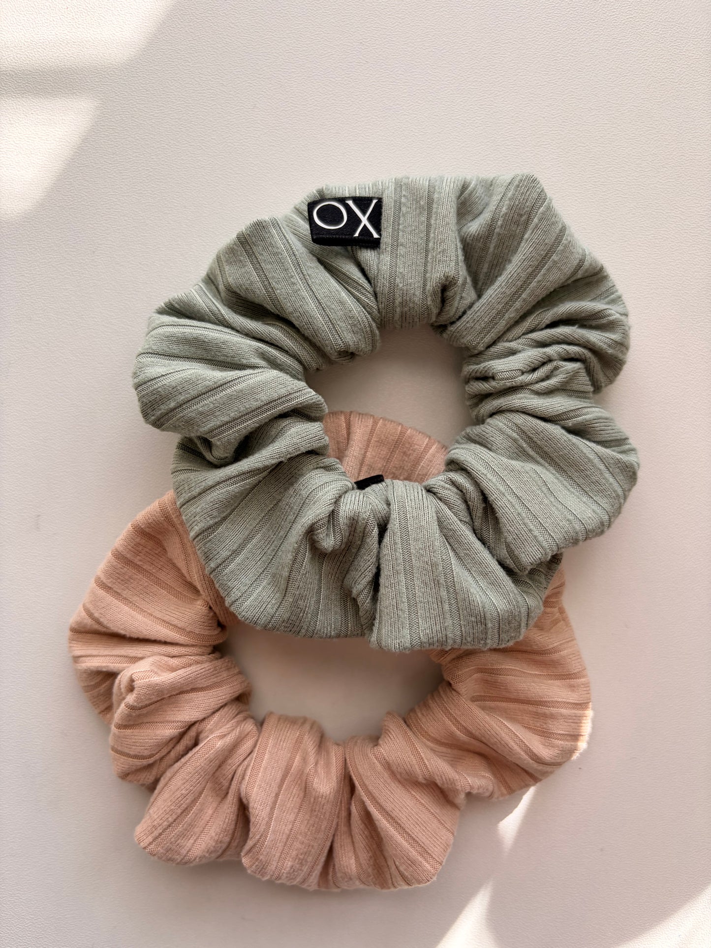 Willow • Oversized or Mini Sage & Beige Ribbed Knit Scrunchies Set of 2 🌿🥐✨