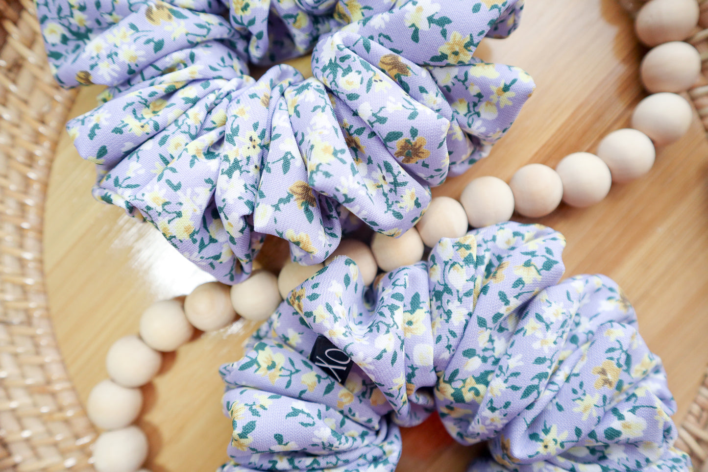 Hallie Oversized Scrunchie • Light Purple Dainty Floral Wool Peach ♡💜