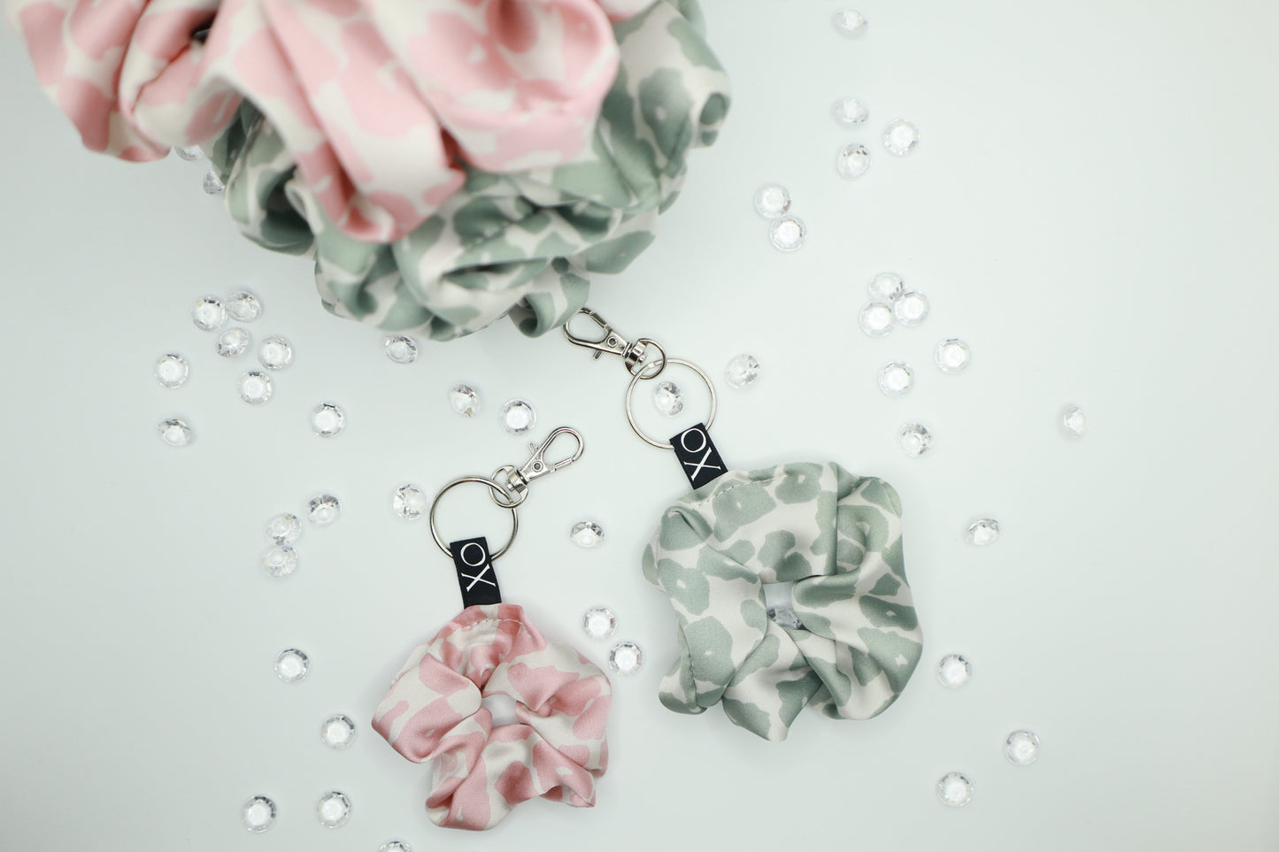 Scrunchie Bag Charms Keychain - Satin Leopard Print with Key Ring & Clamp (Baby Pink or Light Sage) 🌸