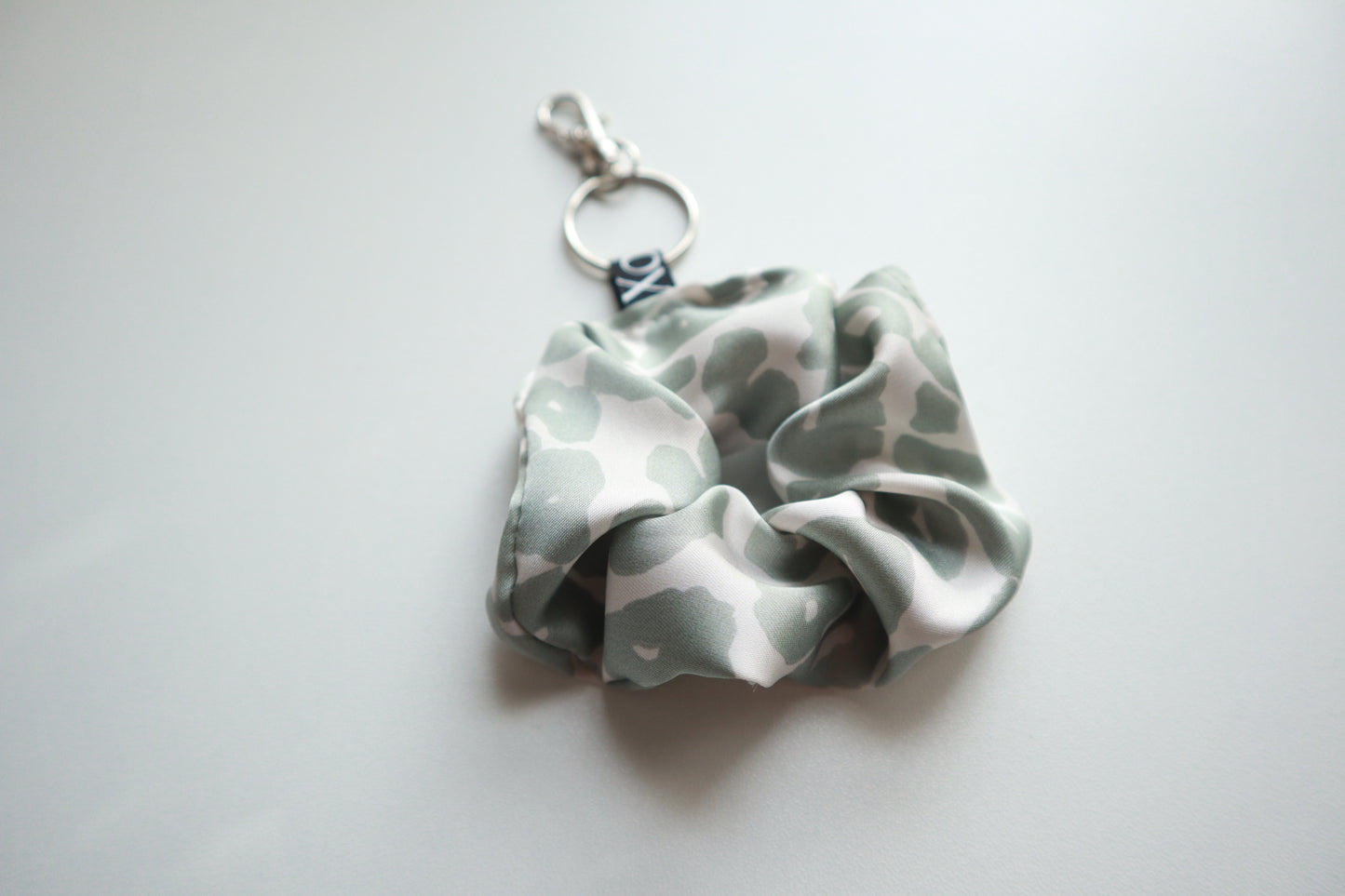 Scrunchie Bag Charms Keychain - Satin Leopard Print with Key Ring & Clamp (Baby Pink or Light Sage) 🌸