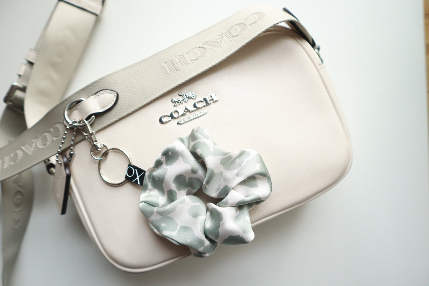 Scrunchie Bag Charms Keychain - Satin Leopard Print with Key Ring & Clamp (Baby Pink or Light Sage) 🌸