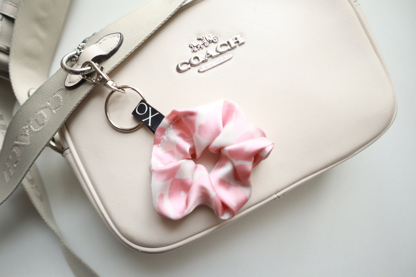 Scrunchie Bag Charms Keychain - Satin Leopard Print with Key Ring & Clamp (Baby Pink or Light Sage) 🌸