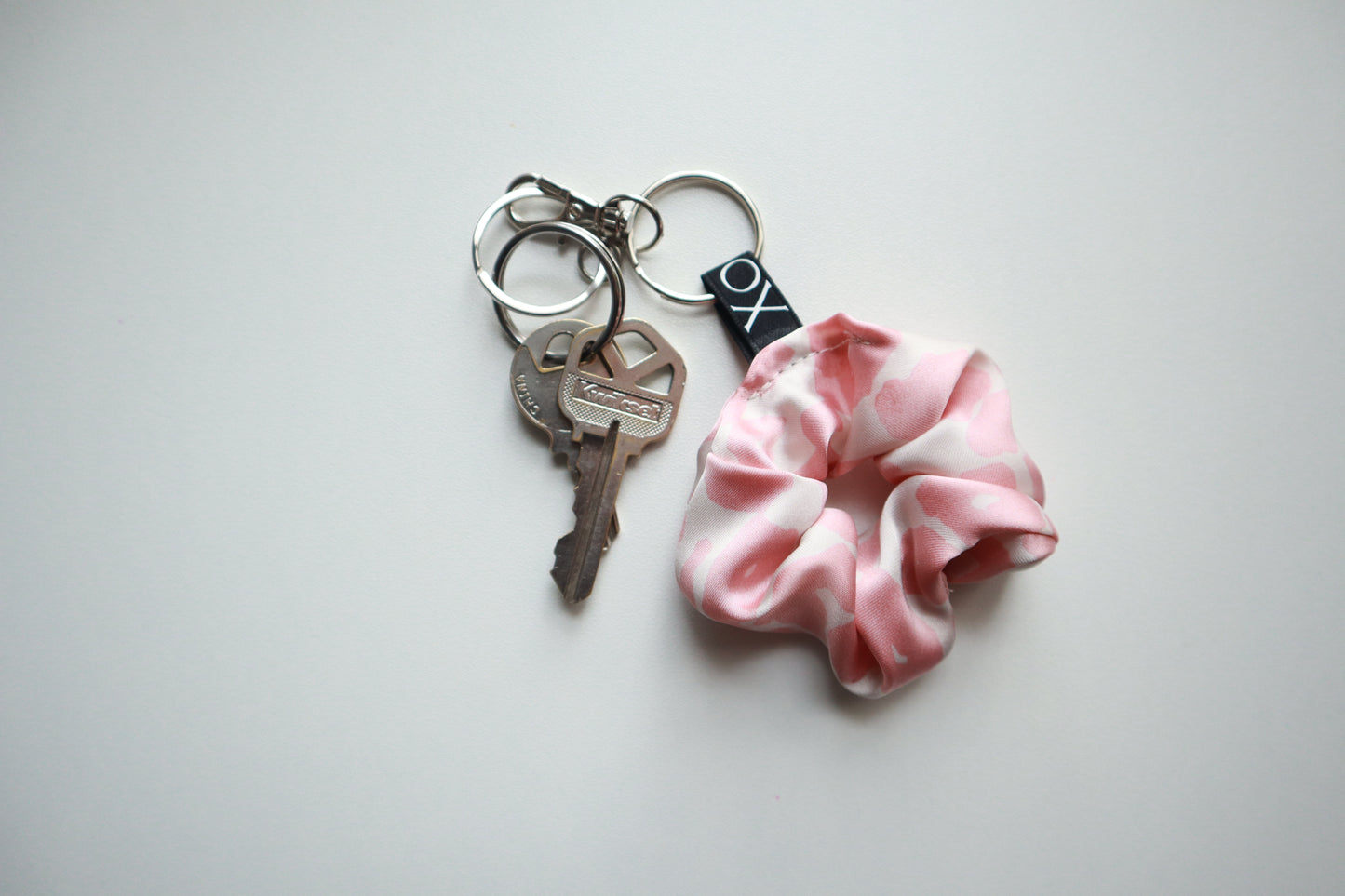Scrunchie Bag Charms Keychain - Satin Leopard Print with Key Ring & Clamp (Baby Pink or Light Sage) 🌸