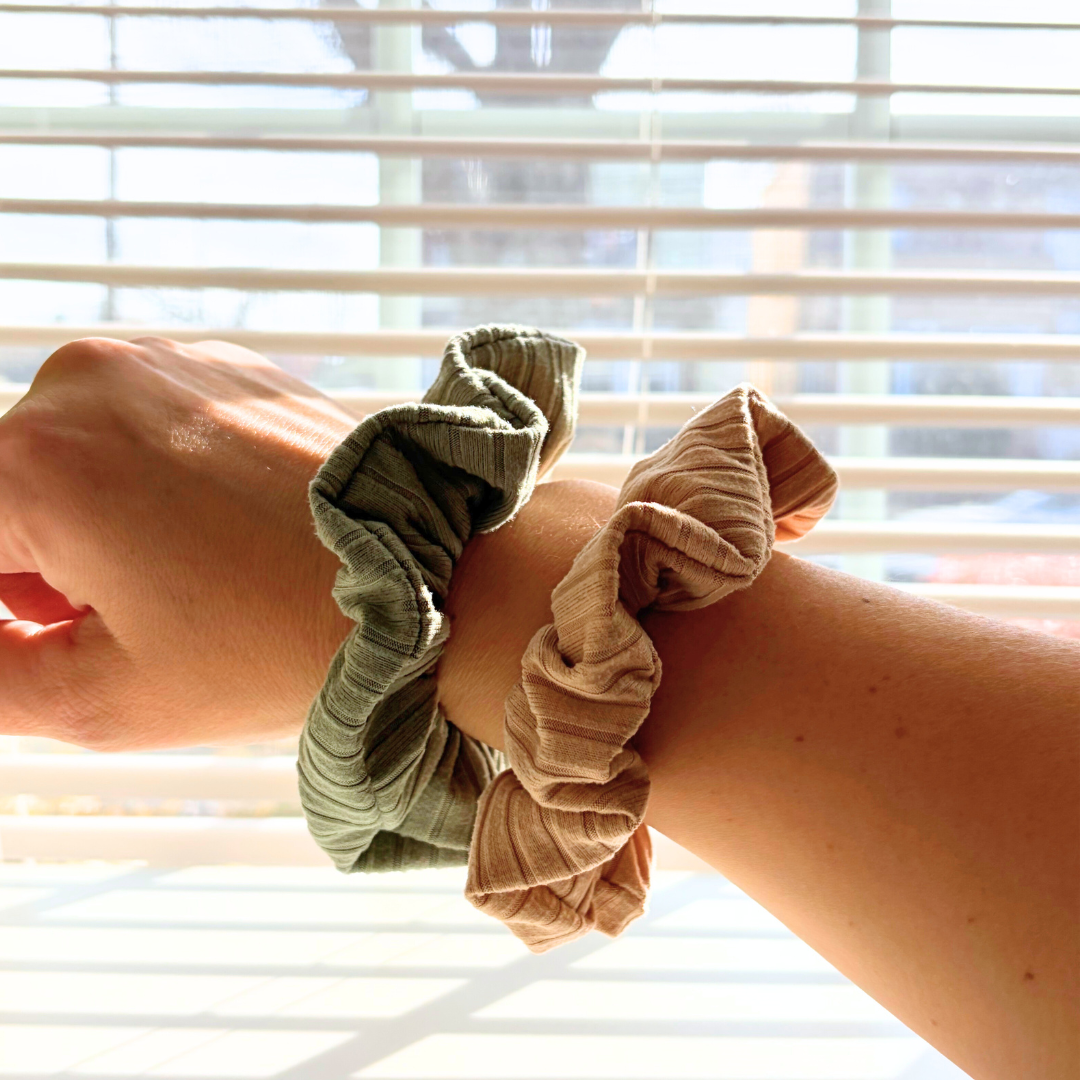 Willow • Oversized or Mini Sage & Beige Ribbed Knit Scrunchies Set of 2 🌿🥐✨