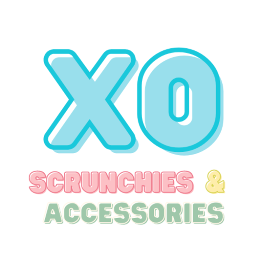 Logo with 'XO' in blue, 'scrunchies & accessories' text in pink and green on a white background